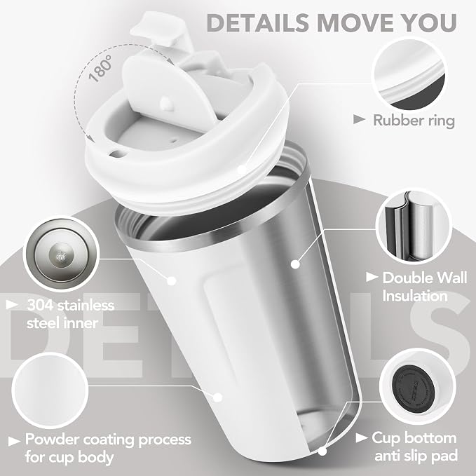 Volhoply 12 oz Double Wall Insulated Vacuum Travel Coffee Mugs with Flip Lid Bulk 2 Pack,Reusable Stainless Steel Leak Proof Coffee Cup,Portable Cafe Thermal Tumbler for Hot & Cold Drinks(White,2 Set)