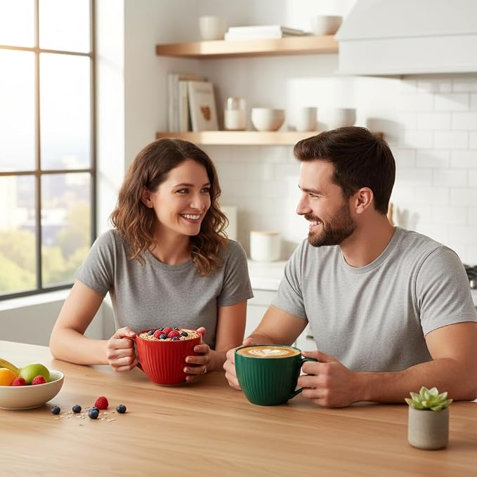 24 oz Large Ceramic Coffee Mug Set of 2, Red & Green Ribbed | Jumbo Mugs with Handle, Giant Soup Cups for Hot Chocolate, Latte, Oatmeal - Ideal Gift for Dad & Grandpa, Large Soup Bowl