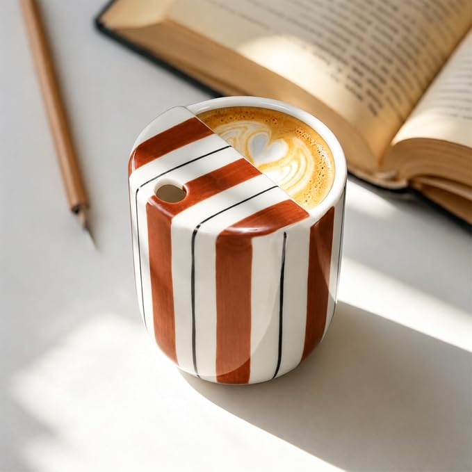 1 Pcs Ceramic Mug with Sip Hole 10 oz Novelty Brown Black Striped Coffee Mug Hand Painted Ceramic Cup Heat Resistant Non Slip Built in One Lid Handcraft Mugs for Coffee Lovers Gift