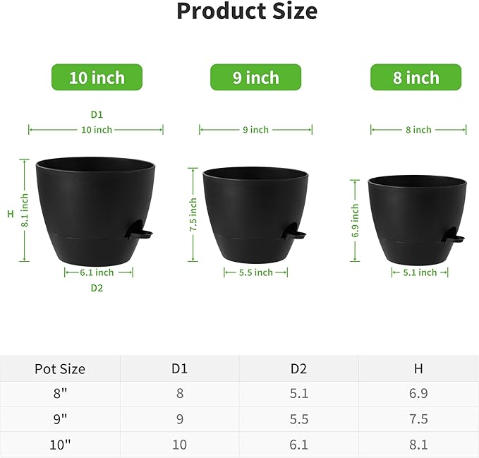 FaithLand 3-Pack Planter Pots, 10 9 8 Inch Self Watering Flower Pots for Indoor Outdoor Garden Plants, Black