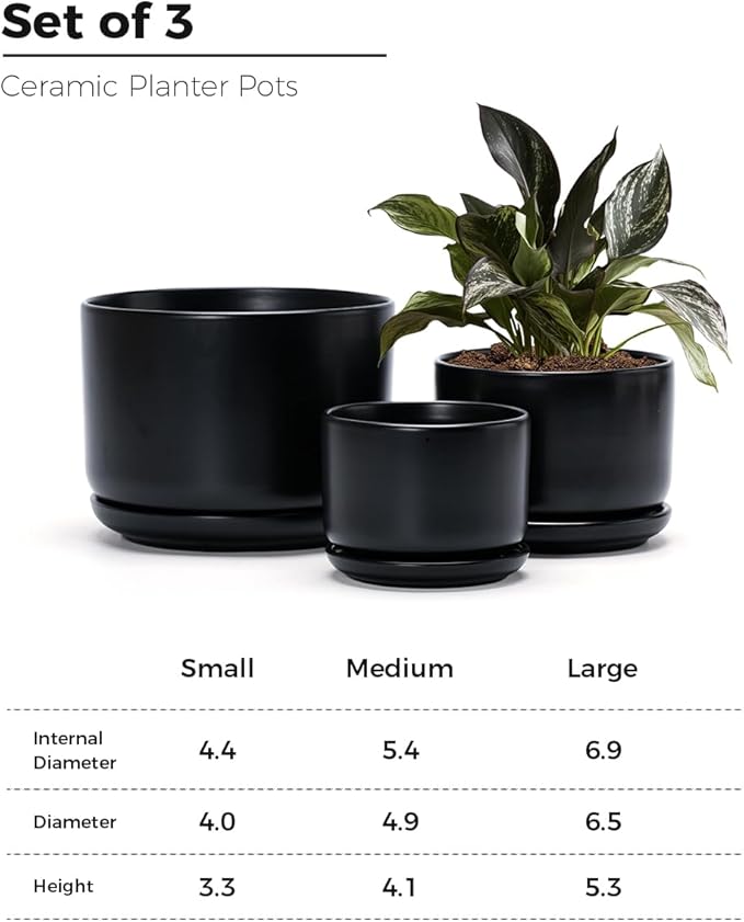 Ton Sin Plant Pots, 4.1+5.1+6.5 inch, Set of 3, Ceramic Planters with Drainage Hole and Saucer, Indoor Flower Pot Gifts for Mom(Matte Black)