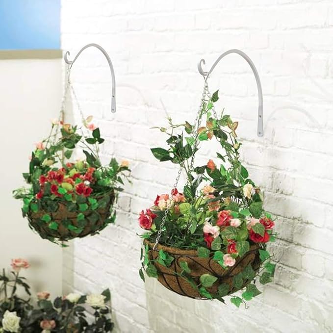 FEED GARDEN Iron Wall Hooks Decorative Metal Curved Plant Hanger Hooks, Indoor/Outdoor Use for Hanging Bird Feeders, Wind Chimes, Flower Baskets, Yoga Mat, (White, 8 Inch 2 Pack)