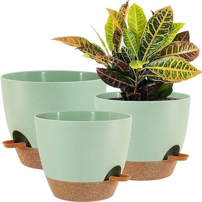 10/9/8 inch Self Watering Pots, Set of 3 Plastic Planters with Mesh Drainage Holes and Deep Reservoir for Indoor Outdoor Garden Plants and Flowers, Green with Brown