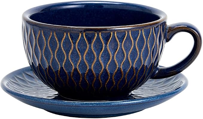 Coffeezone Vintage Design 12 oz Ceramic Latte Art Cappuccino Barista Cup with Saucer (Embossed Blue)