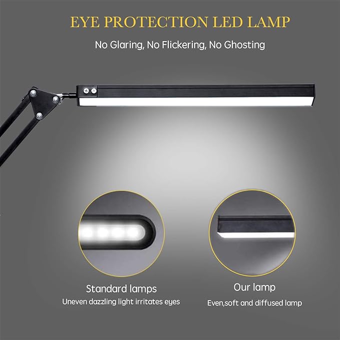 LED Desk Lamp, Adjustable Swing Arm Lamp with Clamp, Eye-Caring Reading Light, 10 Brightness Levels, 3 Lighting Modes, Memory Function Lamps for Home Office Adapter (Black)