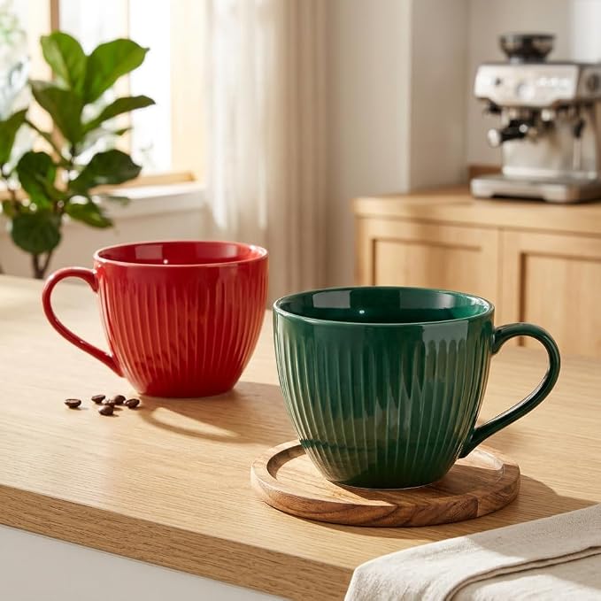24 oz Large Ceramic Coffee Mug Set of 2, Red & Green Ribbed | Jumbo Mugs with Handle, Giant Soup Cups for Hot Chocolate, Latte, Oatmeal - Ideal Gift for Dad & Grandpa, Large Soup Bowl