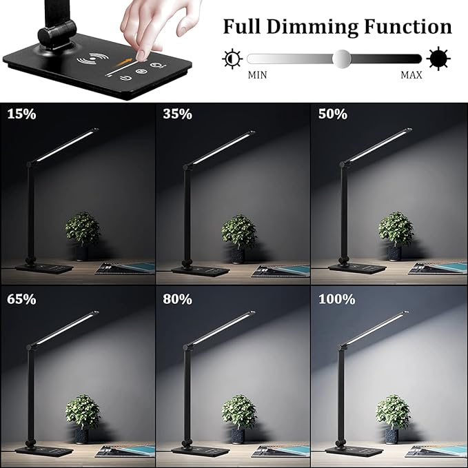 LED Desk Lamp with Wireless Charger, Desk Lamp for college dorm room with 5 Color Modes & Fully Dimming Function, Eye Caring Table Lamps for Study, Office Lamp with Adjustable Arm, Auto Timer 30/60min