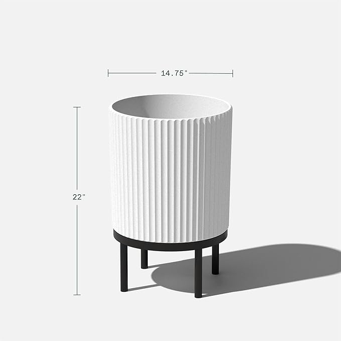 Veradek Demi Series Round Planter w/Stand for Porch/Patio | Durable Plastic-Stone Composite & Wooden Stand | Modern Décor for Tall Plants, Flowers