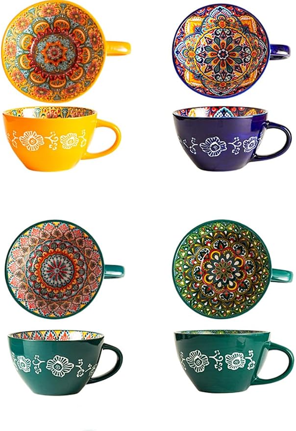Bohemian Hand-Painted Ceramic Mug, 15 Oz Large Coffee Cup for Milk, Tea, and Breakfast, Dishwasher & Microwave Safe Artisan Cup, Navy Blue