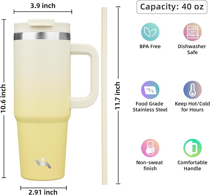 Konokyo 40 oz Insulated Tumbler Water Bottle with Handle, Straw Lid | BPA-free and dishwasher safe; made for gym, travel, coffee and gifting, 2 straws, cup holder friendly,Lemon