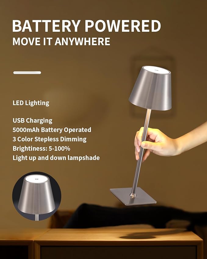KDG 2 Pack Cordless Table Lamp,Portable LED Desk Lamp, 5000mAh Battery Operated, 3 Color Stepless Dimming Up, for Restaurant/Bedroom/Bars/Outdoor Party/Camping/Coffee Shop Night Light(Brushed Nickel)