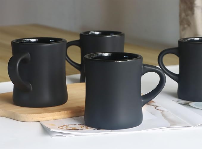 harebe Retro Coffee Mugs Set of 4, 10 OZ Heavy Classic Ceramic Diner Cups Set with Handle for Coffee, Tea, Cocoa, Milk, Latte(Black)