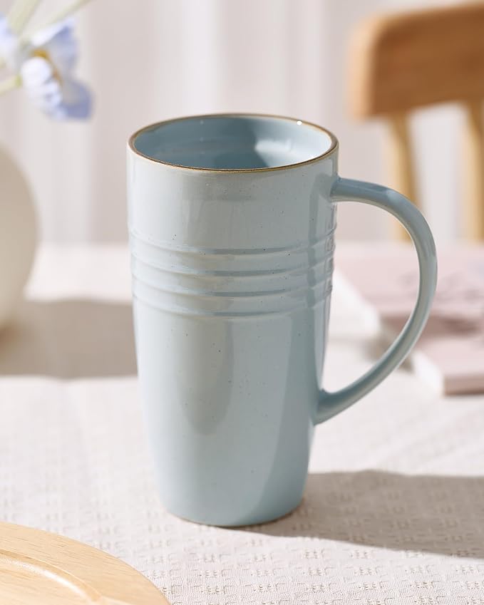 famiware Jupiter Large Coffee Mug, 20oz Coffee Mug with Lid, Ceramic Mugs Set of 2, Cup Set with Handle for Latte, Tea, Cocoa, Milk, Microwave and Dishwasher Safe,Light Blue and Vanilla White