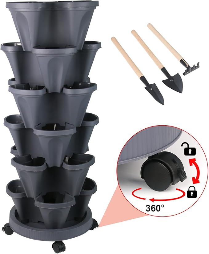 DUNCHATY Stackable Planter, Vertical Garden Planter with Wheels and Tools, Self Watering Strawberry Planter Indoor/Outdoor 6 Tier Herb Planter Pots for Growing Vegetables and Succulents, Dark Gray