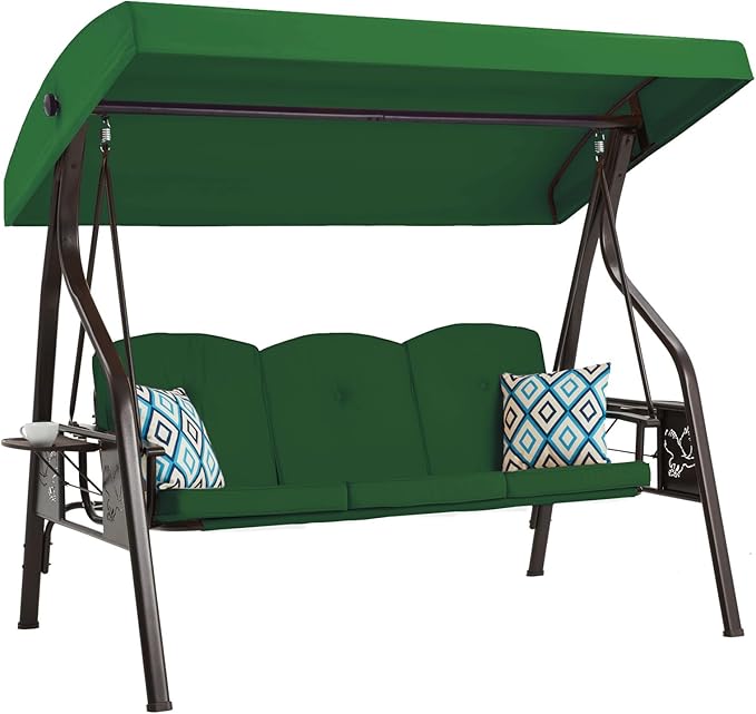 3-Seat Outdoor Porch Swing with Stand Patio Swing with Canopy 2 in 1 Porch Swing Bed & Patio Swing Chair for Adult w/Extra Pillows and Cup Holder for Yard(Green)