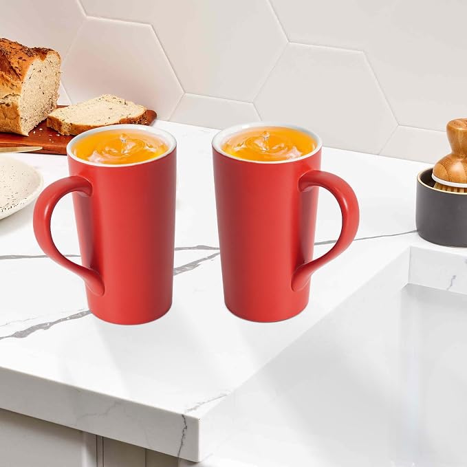 20 oz Ceramic Coffee Mugs Set of 2 Large Tall Red Porcelain Tea Cups with Handle Microwave & Dishwasher Safe Gift for Parents Dad Mom Friends