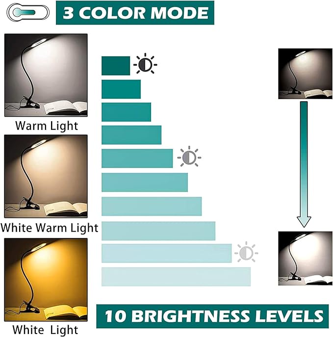Foneso Desk Lamp Clip on Light, 48 LED USB Lamp with 3 Color Modes 10 Brightness Levels, 360° Flexible Gooseneck Eye Protection Bed Night Light for Reading, Makeup, Fill Light (Black)