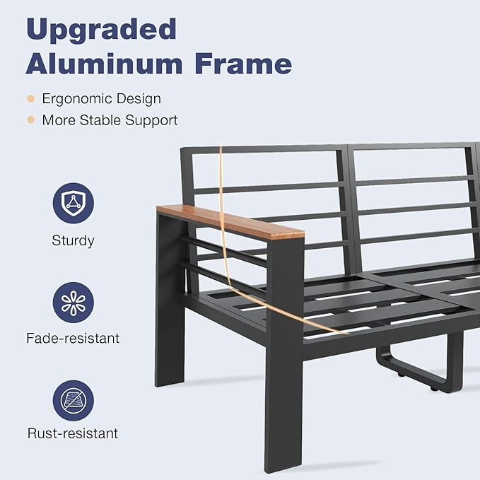 Aoxun Aluminum Patio Furniture Set 2 Seats, Oversized Outdoor Sectional with Washable Thick Cushions, Coffee Table and Waterproof Cover, Patio Conversation Sets for Porch, Balcony, Deck