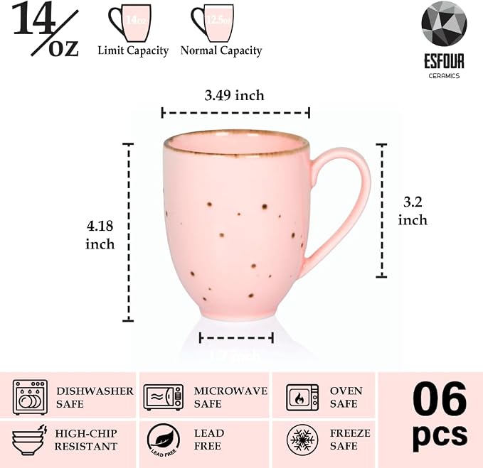 Esfour Ceramics Coffee Mugs Set Of 6, 14 Oz Large Handle Heavy Duty Cups - Microwave Dishwasher Safe - Latte, Cappuccino, Tea, Cocoa, Mocha - Men, Women, Home Office Daily Use, Blossom Assorted Colors