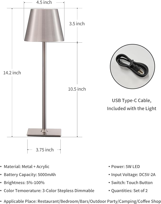 KDG 2 Pack Cordless Table Lamp,Portable LED Desk Lamp, 5000mAh Battery Operated, 3 Color Stepless Dimming Up, for Restaurant/Bedroom/Bars/Outdoor Party/Camping/Coffee Shop Night Light(Brushed Nickel)