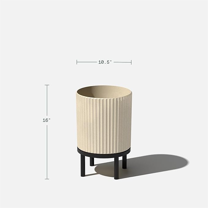 Veradek Demi Series Round Planter w/Stand for Porch/Patio | Durable Plastic-Stone Composite & Wooden Stand | Modern Décor for Tall Plants, Flowers