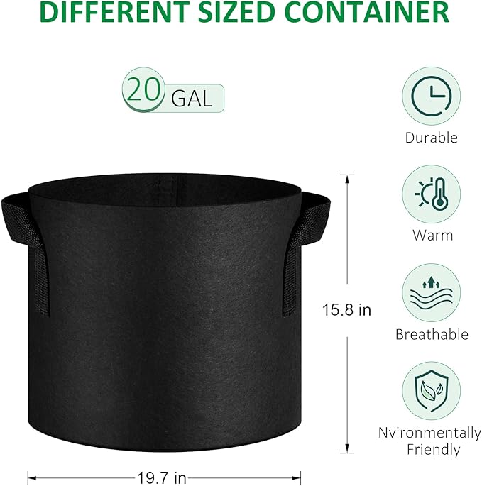 NYONG 12-Pack 20 Gallon Thickened Non-Woven Grow Bags, Aeration Fabric Pots with Handles(Black)