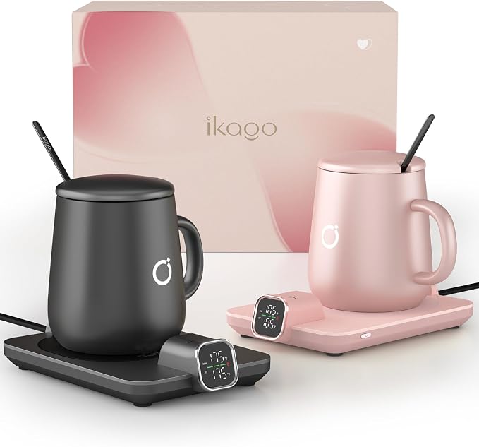 Coffee Cup Warmer & iKago Mug Set, 1℉ Precise Temp Control Mug Warmer | Auto Shut Off, Infrared Sensor, Dual Temp Display, ℉/℃ Optional, 15oz Mug with Spoon & Lid Included, Gifts for Men Women