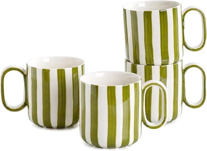 Ceramic Coffee Mugs Set of 4, 8.5 oz Stoneware Coffee Cups with Handle | Small Aesthetic Green Stripe Latte Tea Mug for Latte Tea Hot Chocolate, Microwave and Dishwasher Safe (8.5 oz)