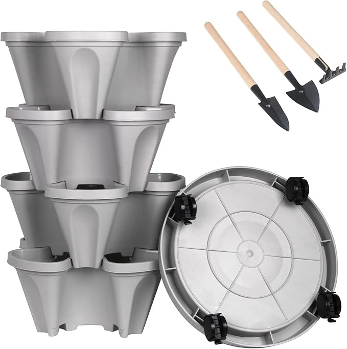 DUNCHATY Stackable Planter, Vertical Garden Planter with Wheels and Tools, Self Watering Strawberry Planter Indoor/Outdoor 4 Tier Herb Planter Pots for Growing Vegetables and Succulents,Gray