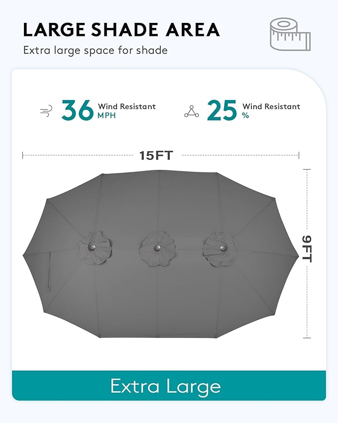SERWALL 8-Piece Patio Dining Sets with 15FT Double Side Patio Umbrella, Outdoor HDPE Dining Furniture Set with Umbrella Hole Cut-Out Table and 6 Chairs, Gray(Umbreall Base not Included)