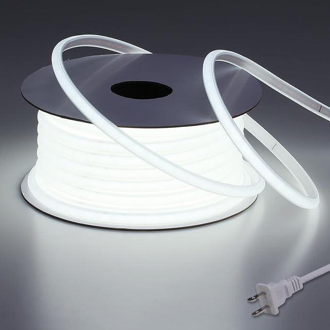 AC 110V COB LED Strip Lights Outdoor Waterproof 65.6ft, 6000K Cool White Super Bright 200W CRI 90+ LED Rope Light, IP65 Flexible Cuttable, for Bedroom Garden Commercial House