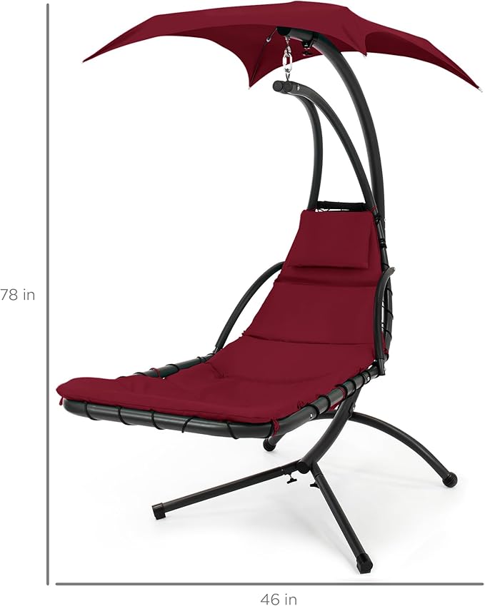 Best Choice Products Outdoor Hanging Curved Steel Chaise Lounge Chair Swing w/Built-in Pillow and Removable Canopy - Burgundy