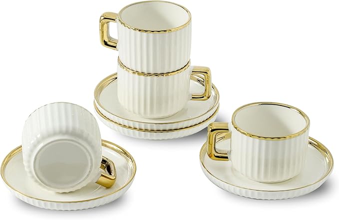LETAOTAO Espresso Cups Set of 4, 3oz Espresso Cups and Saucers | Ceramic Coffee Cups with Gold Trim, Stackable Mini Demitasse Mugs for Espresso, Cappuccino,Latte, Americano and Tea