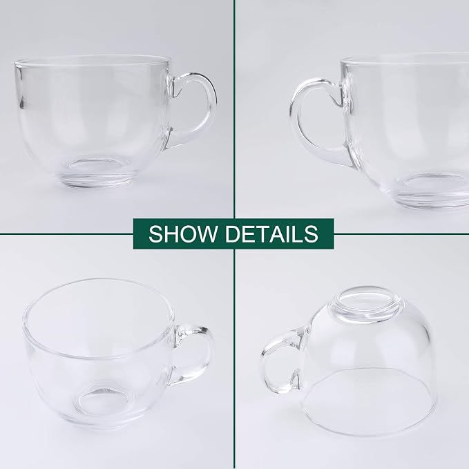 Maredash 16oz Glass Jumbo Mugs With Handle 6pcs | For Coffee, Tea, Soup,Clear Drinking Cup
