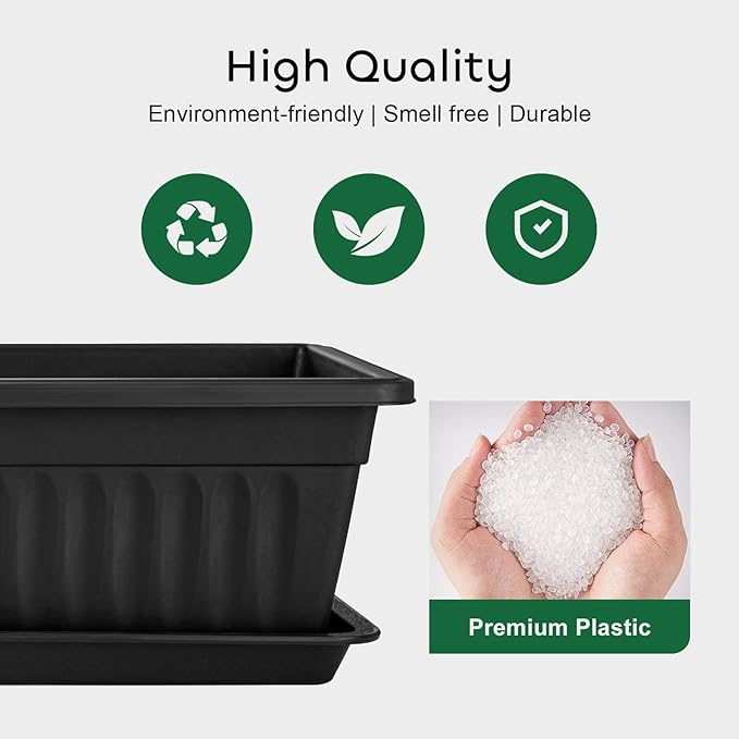 GROWNEER 6 Packs 17 Inches Black Flower Window Box Plastic Vegetable Planters Long Pots with 15 Pcs Plant Labels for Outdoor Indoor Windowsill, Patio, Garden, Home Decor, Porch