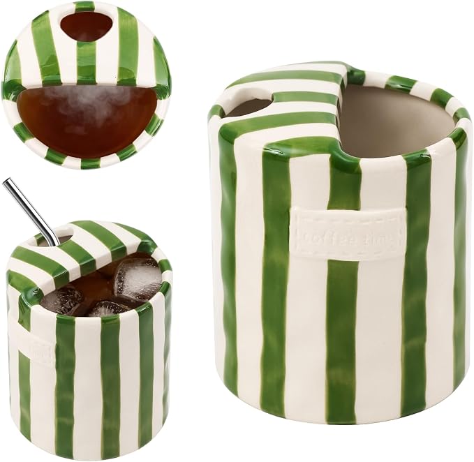 Ceramic Coffee Mug with Sip Hole 10oz Cute Espresso Cup | Unique Hand-Drawn Green and White Striped Design, Microwave and Dishwasher Safe, for Kitchen Dining, Office, Holiday Gift