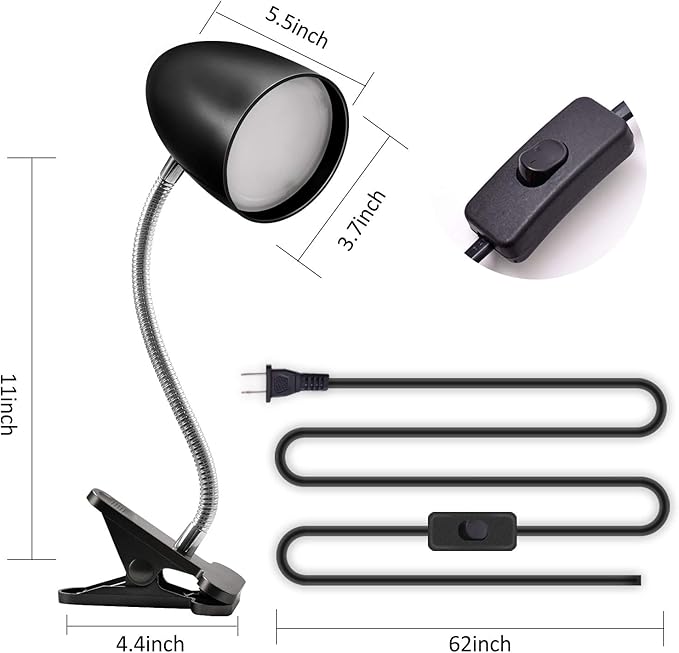 Clip on Light for Bed, Non-Dimmable Clip on Reading Light for Bed, 4000K Cool White, 3.5W 240 LM desk lamp with clamp, Eye Protection, ETL Listed, Black