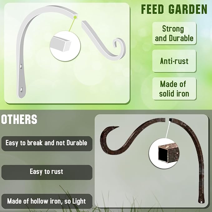 FEED GARDEN Iron Wall Hooks Decorative Metal Curved Plant Hanger Hooks, Indoor/Outdoor Use for Hanging Bird Feeders, Wind Chimes, Flower Baskets, Yoga Mat, (White, 8 Inch 2 Pack)