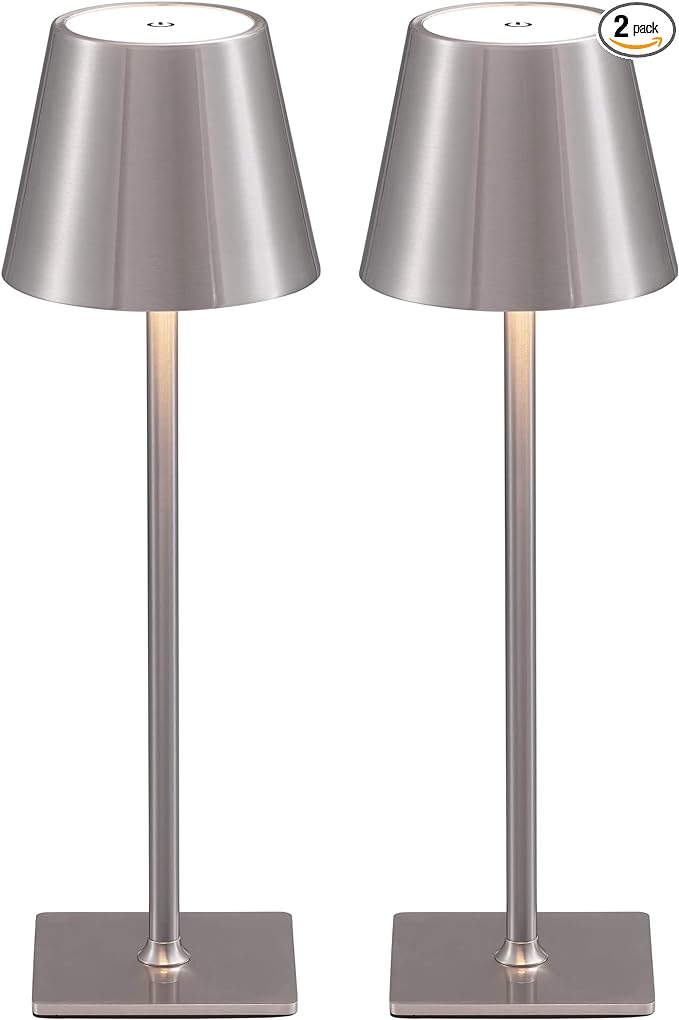 KDG 2 Pack Cordless Table Lamp,Portable LED Desk Lamp, 5000mAh Battery Operated, 3 Color Stepless Dimming Up, for Restaurant/Bedroom/Bars/Outdoor Party/Camping/Coffee Shop Night Light(Brushed Nickel)