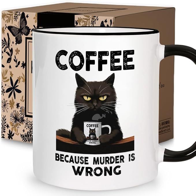 Funny Coffee Mug Adult Humor Gifts for Women Men, Coffee Because Murder is Wrong, Birthday Christmas White Elephant Mothers Day Gift for Work Friends, Boss, Friend, Employee, Sister, 11OZ