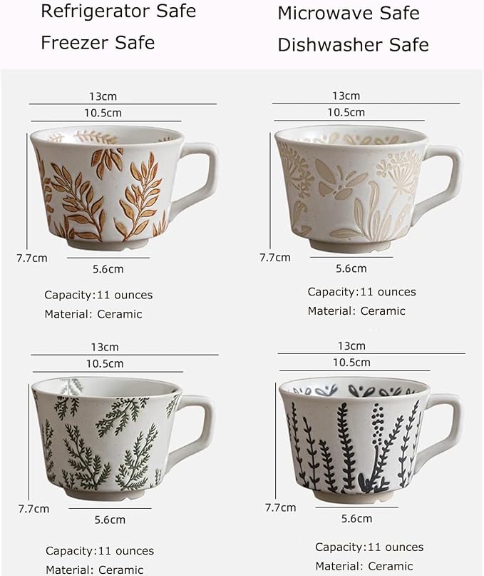 Small Ceramic Mug, 11oz - Vintage Cup Mug for Coffee Milk Latte Cappuccino Tea, Plant Porcelain Cup Dishwasher Microwave Freezer Safe Stoneware 1 PC Black Leaf Cup