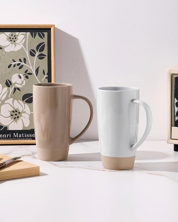 famiware Milkyway Coffee Mugs, 20oz Large Coffee Mug, Ceramic Mug Set of 2 with Lid, Cup Set with Handle for Latte, Tea, Cocoa, Milk, Home & Office, Cinnamon Brown and Light Gray