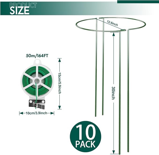 10 Pack 30 Inch Plant Support Stakes, Heavy-Duty Half Round Peony Support Ring Cage, Metal Garden Plant Stakes for Outdoor Plants - Peony, Tomato, Hydrangea with Cuttable Plant Ties