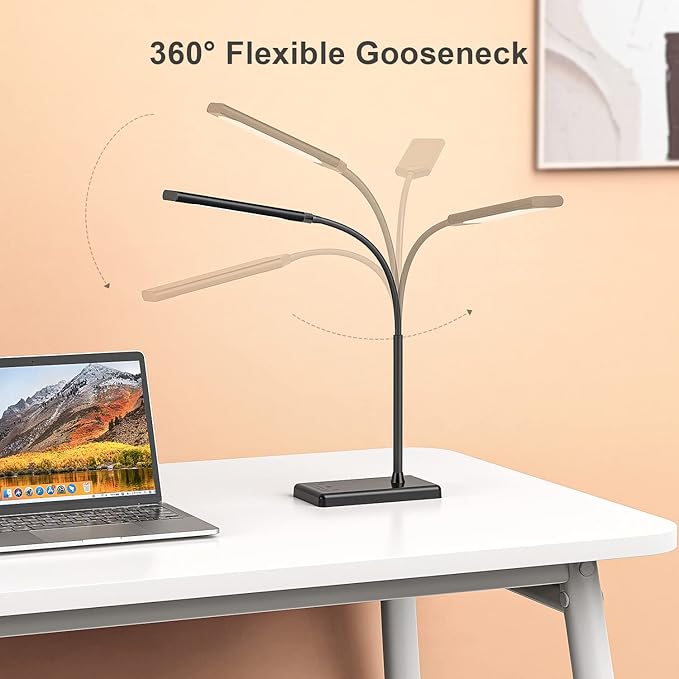 KEXIN LED Desk Lamp Touch Control Desk Lamp with USB Charging Port 5 Color Modes 6 Brightness Levels Dimmable Eye-caring Office Lamp with Memory Function 1h Timer Adjustable Gooseneck Table Lamp Black