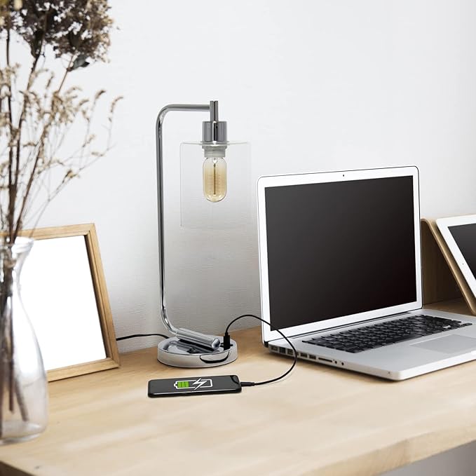 Simple Designs LD1066-CHR Bronson Antique Style Industrial Iron Lantern Desk Bedside Table Lamp with Dual 2 USB Charging Ports and Glass Shade, Chrome