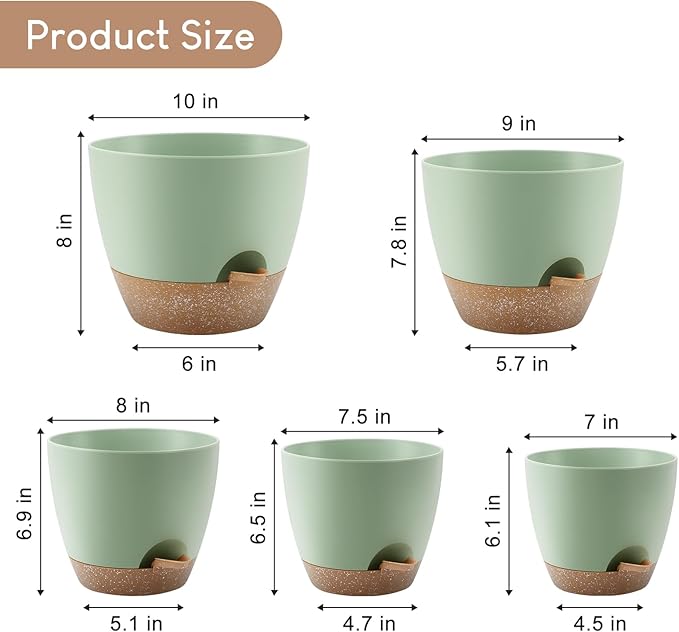 Plant Pots 10/9/8/7.5/7 inch, Self Watering Planters with Drainage Holes & Saucers for Indoor and Outdoor Plants (Green)