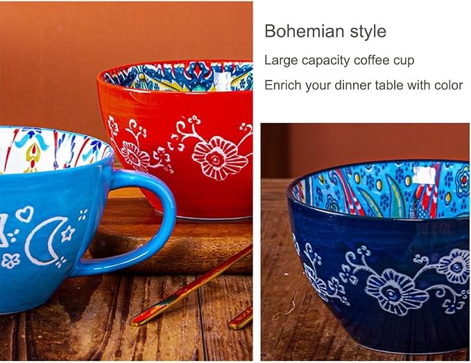 Red Ceramic Mug, Bohemian Hand-Painted, 15 Oz Large Coffee Cup for Milk, Tea, Breakfast, Dishwasher & Microwave Safe Cup