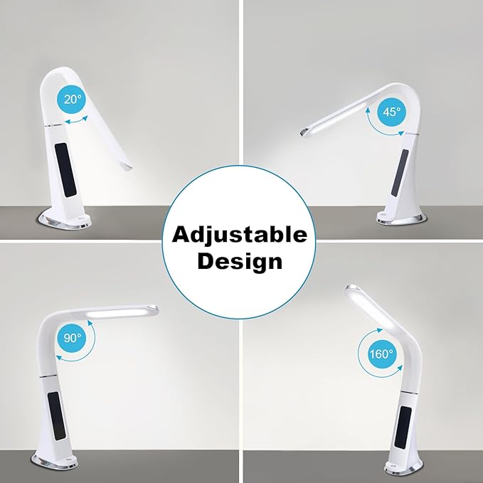 LED Desk Lamp with Digital Display Calendar Temperature,Rechargeable Desk Lamp for Home Office with Adjustable Neck,Dimmable Reading Light with Touch Control,Cordless Study Lamp with USB Charging Port