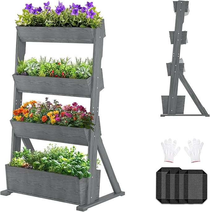 SUNYRISY 4 Tiers Vertical Raised Garden Bed Outdoor Planter Tower, Wooden Freestanding Planter Box for Planting Herbs Flowers Vegetables Backyard Patio Balcony Indoor Outdoor Gardening, Grey