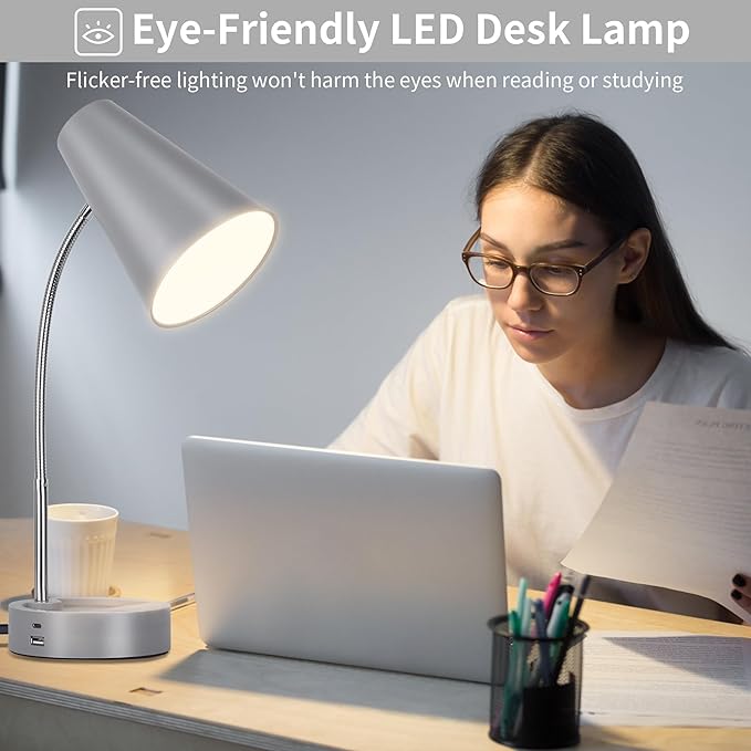 RUNTOP Desk lamp, Eye-Caring Table Lamps, 360°Rotation Gooseneck Lamp Reading Light Portable Reading Book Light, Desk Light, Study Desk Lamps for Bedroom and Office Home Lighting (Gray)